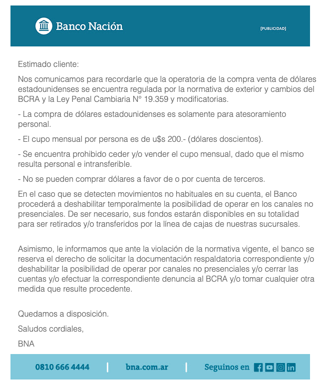 Banco Nación email aviso compra venta dólares