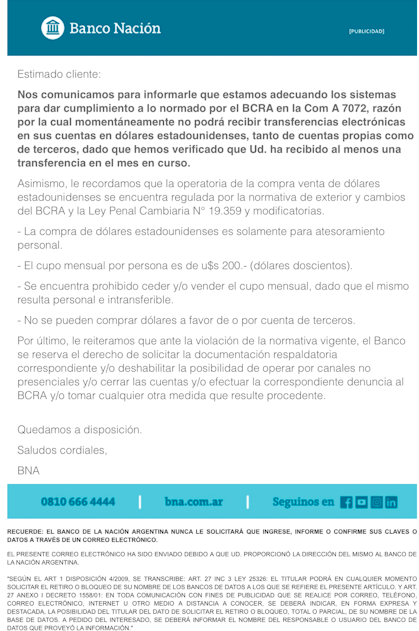 Córreo electrónico que BNA envió a clientes por Com. ”A” 7072