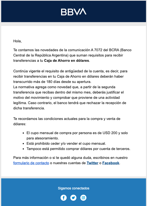 Correo electrónico de BBVA por Com. “A” 7072