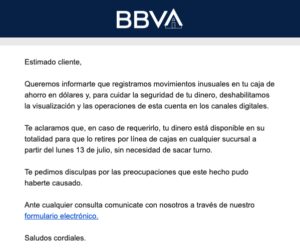 Descargo BBVA luego del cierre de cajas de ahorro en dólares