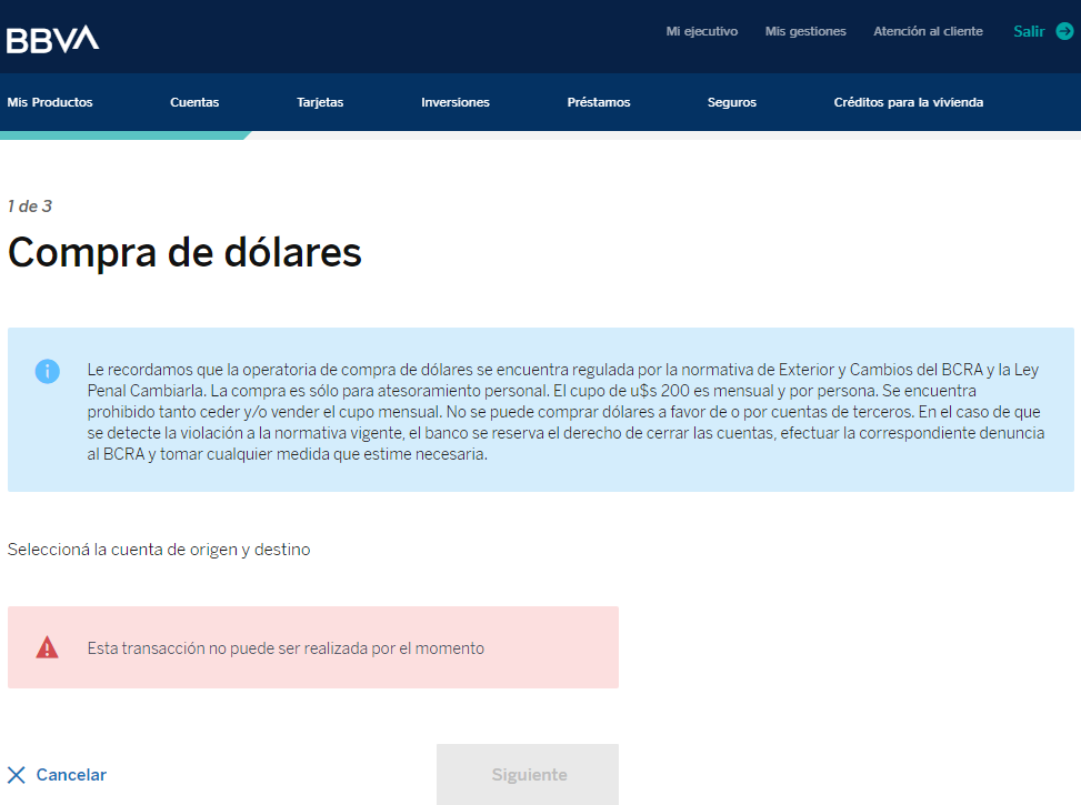 En BBVA no funciona opción "Comprar dólares"