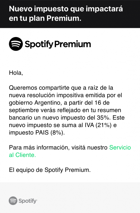 Email de Spotify donde anuncia que cobrará la retención del 35%